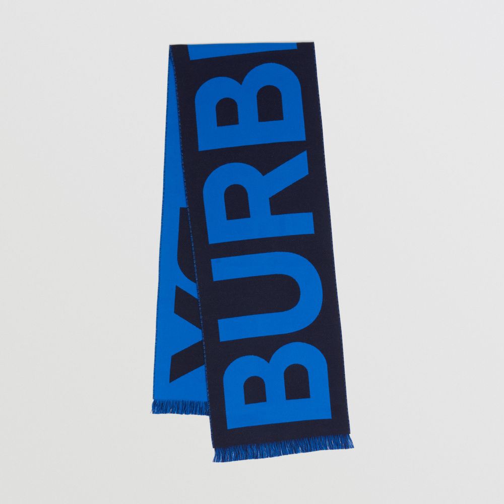 Logo Wool Jacquard Scarf in Dark Charcoal Blue | Burberry® Official