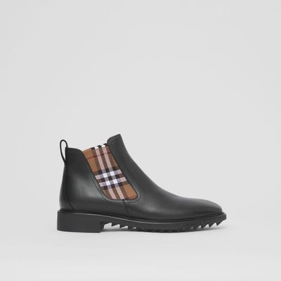 Vintage Check Detail Leather Chelsea Boots Black/birch Brown | Burberry® Official