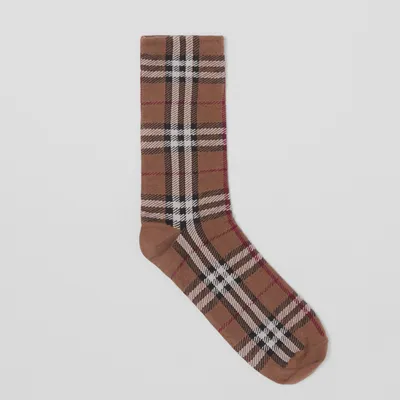 Vintage Check Intarsia Cotton Cashmere Blend Socks in Dark birch brown | Burberry® Official