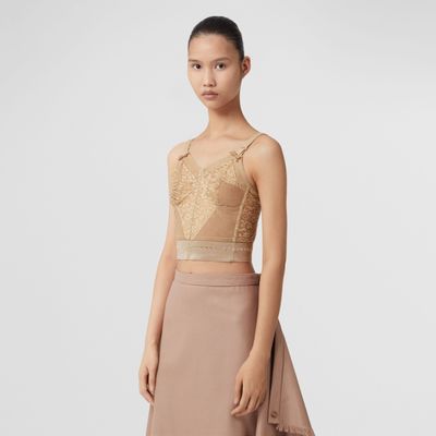Lace Panel Stretch Tulle Corset Top Soft Fawn - Women | Burberry® Official