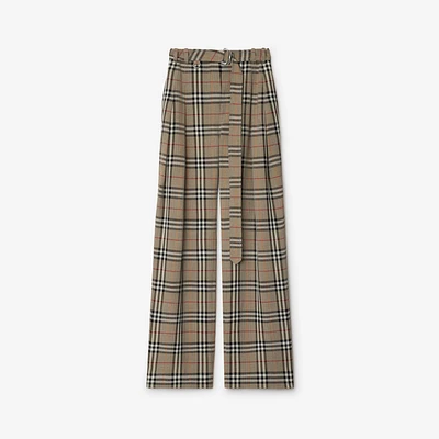 Check Silk Blend Belted Trousers in Limestone - Women, Nylon | Burberry® Official
