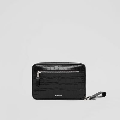 Embossed Check Leather Zip Pouch in Black - Men | Burberry® Official