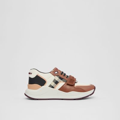 Check Cotton, Nylon and Leather Sneakers White/birch Brown - Women | Burberry® Official