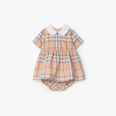 Check Cotton Poplin Dress with Bloomers in Pale stone - Children | Burberry® Official