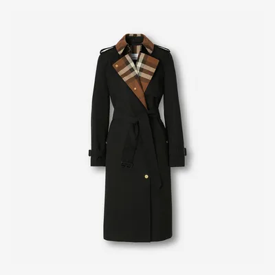 Long Check Collar Gabardine Trench Coat in Black - Women