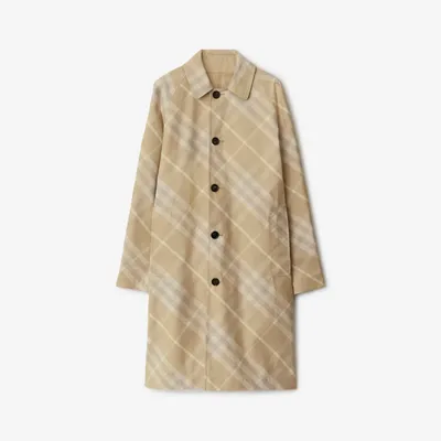 Mid-length Reversible Check Gabardine Car Coat in Flax - Women, Cotton Gabardine | Burberry® Official