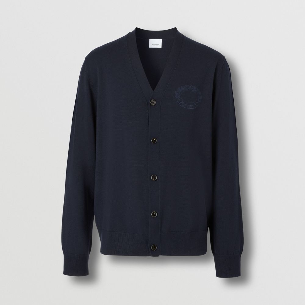 Embroidered Oak Leaf Crest Wool Cardigan Smoked Navy - Men | Burberry® Official