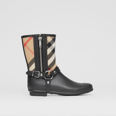 Strap Detail House Check Rubber Rain Boots Black/archive Beige - Women | Burberry® Official