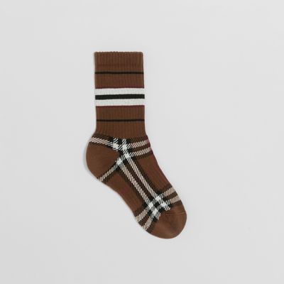 Check and Stripe Stretch Cotton Socks Birch Brown | Burberry® Official