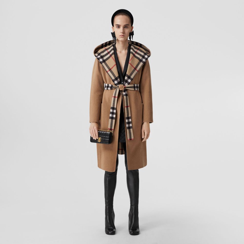 Check Detail Wool Hooded Wrap Coat Archive Beige - Women | Burberry® Official