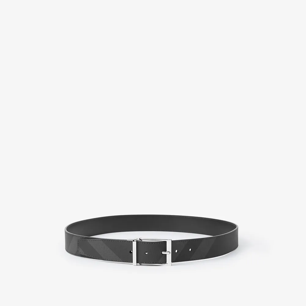 Check and Leather Reversible Belt in Charcoal/silver - Men