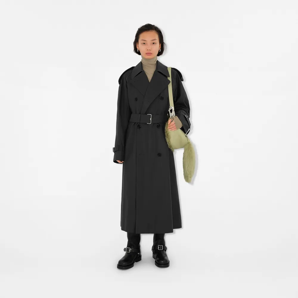 Long Gabardine Trench Coat in Onyx - Women, Cotton Gabardine | Burberry® Official