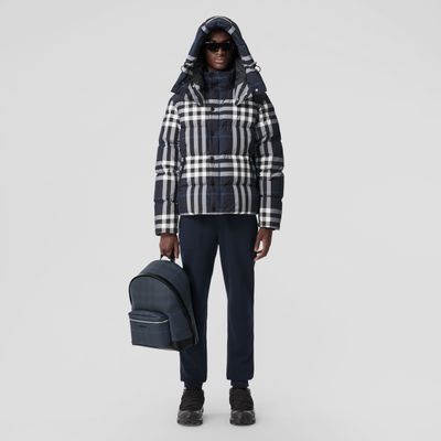 Detachable Hood Night Check Puffer Jacket White/dark Charcoal Blue - Men | Burberry® Official
