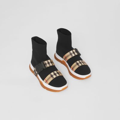 Buckled Strap Stretch Knit Sock Sneakers Black | Burberry® Official