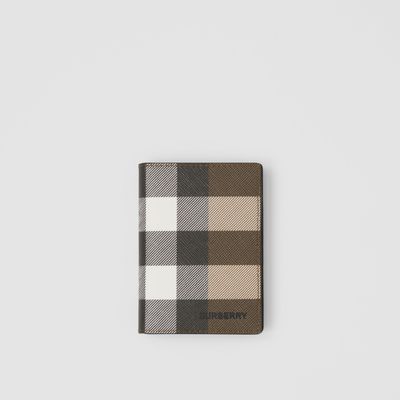 Check and Leather Folding Card Case in Dark Birch Brown