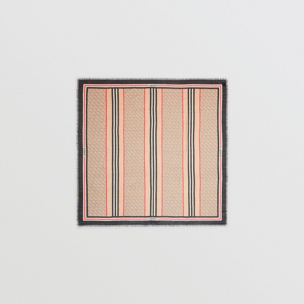 Icon Stripe Monogram Print Wool Silk Square Large Scarf in Archive Beige | Burberry® Official