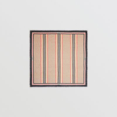 Icon Stripe Monogram Print Wool Silk Square Large Scarf in Archive Beige | Burberry® Official