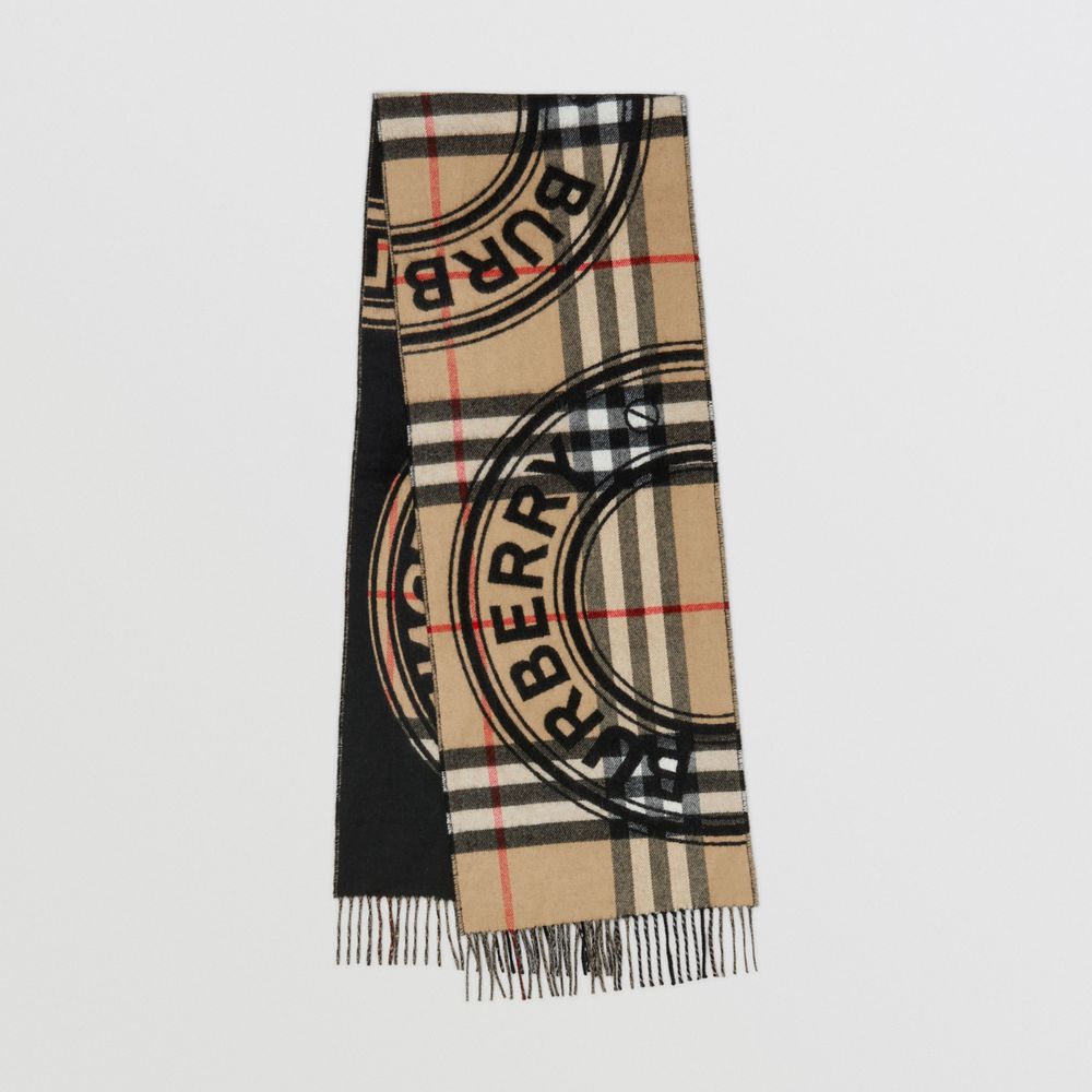 Wide Check Cashmere Scarf in Archive Beige