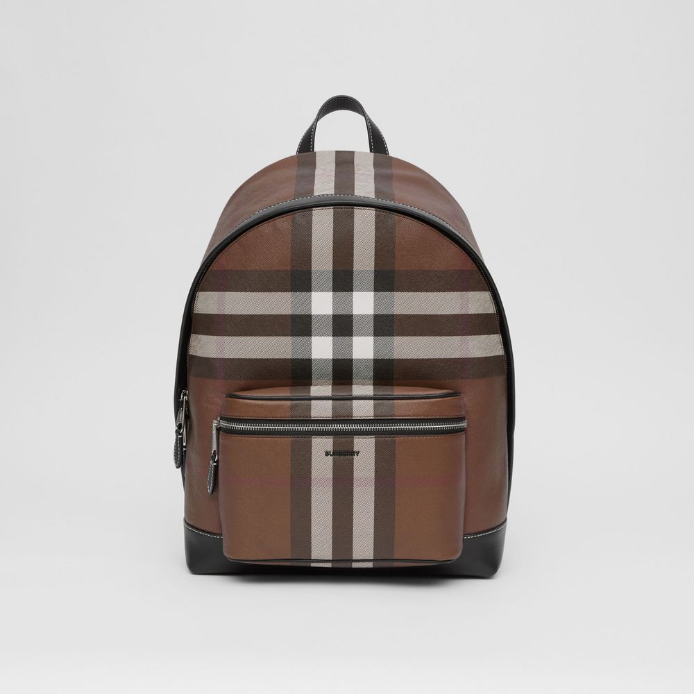 Check and Leather Backpack in Dark Birch Brown | Burberry® Official