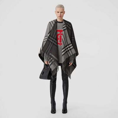 Contrast Check Wool Cashmere Jacquard Cape in Grey/charcoal - Women | Burberry® Official