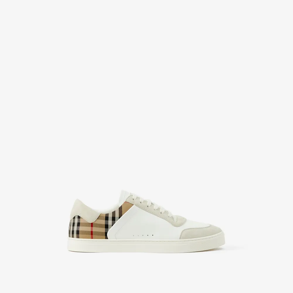 Leather, Suede and Check Sneakers in Natural white/archive beige - Men | Burberry® Official
