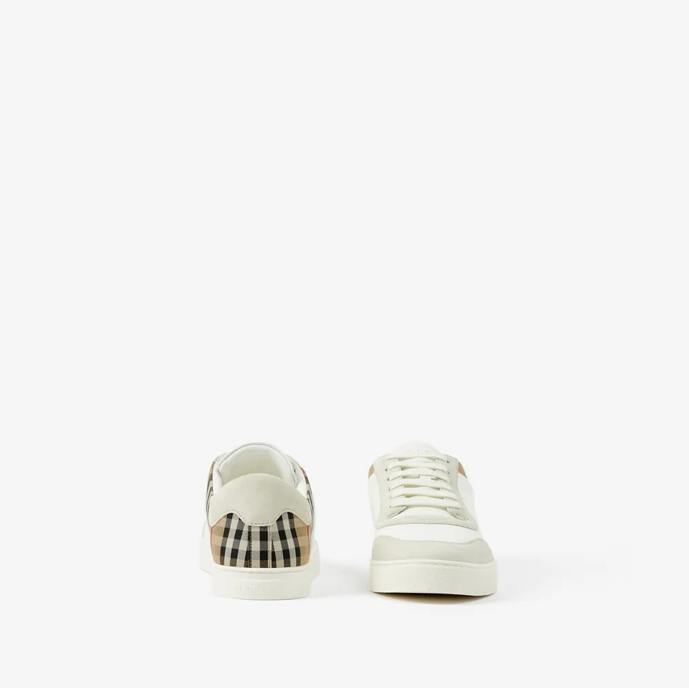 Leather, Suede and Check Sneakers in Natural white/archive beige - Men | Burberry® Official