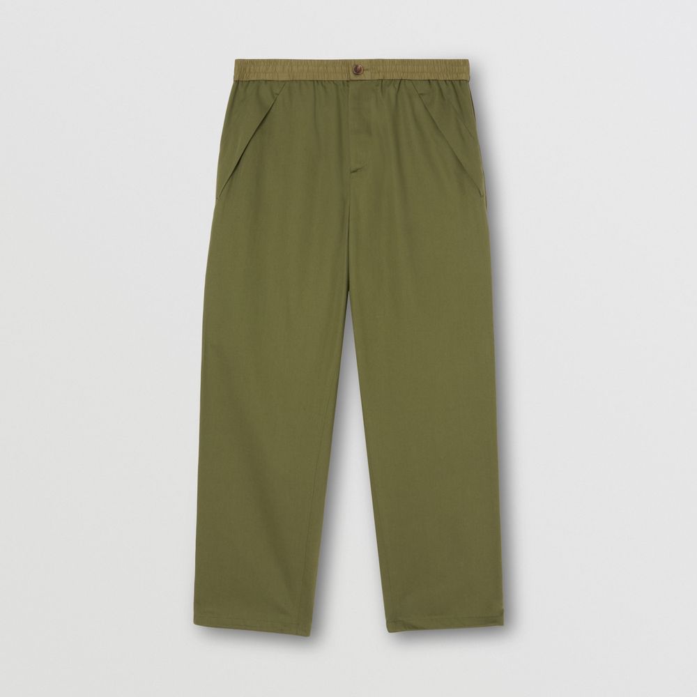 Contrast Trim Cotton Twill Trousers Olive - Men | Burberry® Official