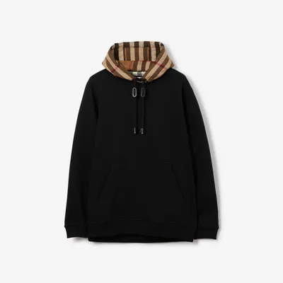 Check Hood Cotton Blend Hoodie in Black/birch brown - Men | Burberry® Official