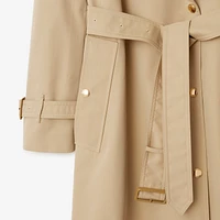 Long Check Collar Gabardine Trench Coat in Honey - Women, Cotton | Burberry® Official