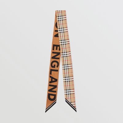 Vintage Check and Logo Print Silk Skinny Scarf in Archive Beige | Burberry® Official