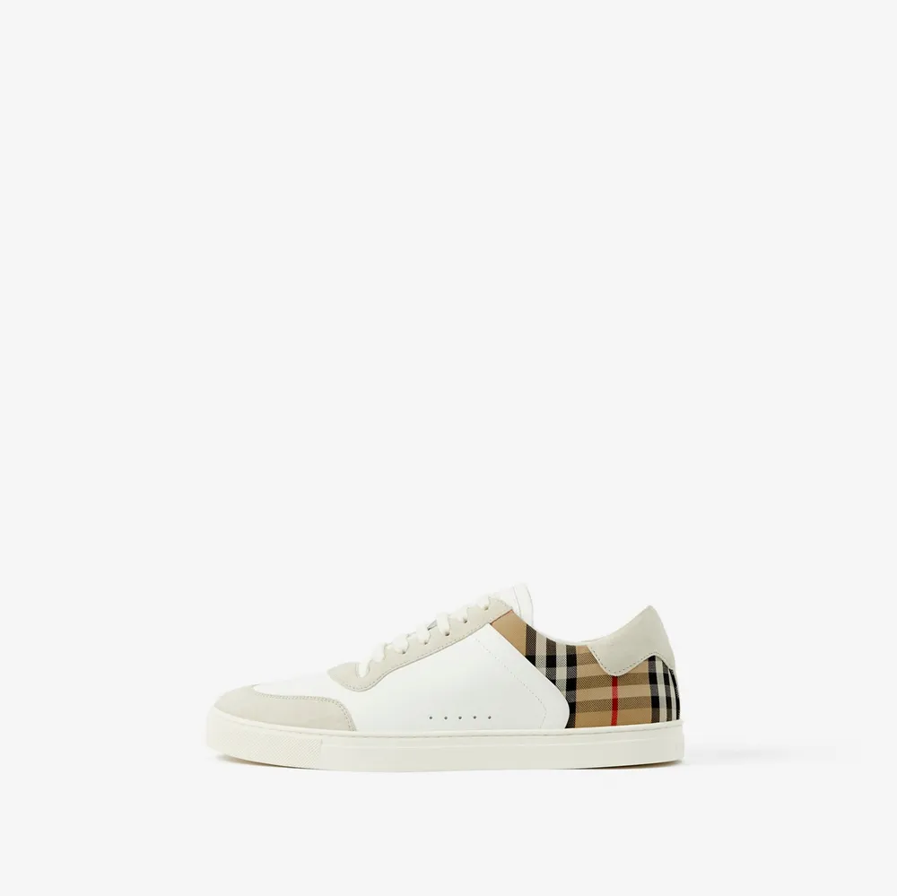 Leather, Suede and Check Sneakers in Natural white/archive beige - Men | Burberry® Official