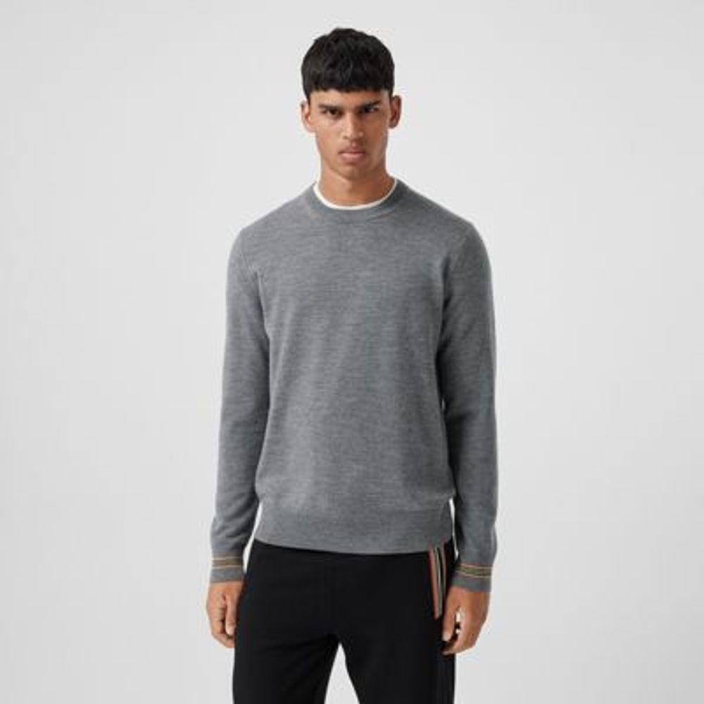 Icon Stripe Trim Wool Sweater Mid Grey Melange - Men | Burberry United States