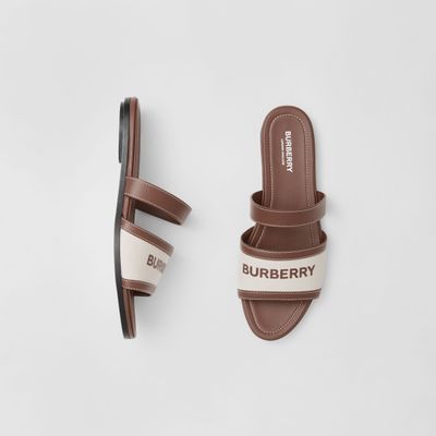 Logo Print Canvas and Leather Slides Tan - Women | Burberry® Official