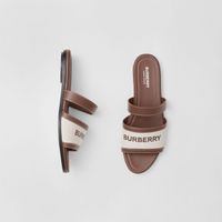 Logo Print Canvas and Leather Slides Tan - Women | Burberry® Official