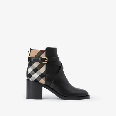 House Check and Leather Ankle Boots in Black/archive Beige - Women | Burberry® Official