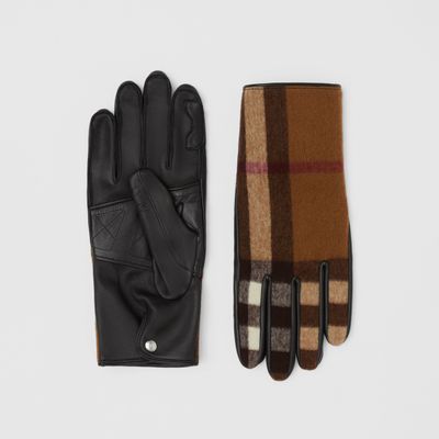 Cashmere-lined Exaggerated Check Wool and Leather Gloves Birch Brown | Burberry® Official