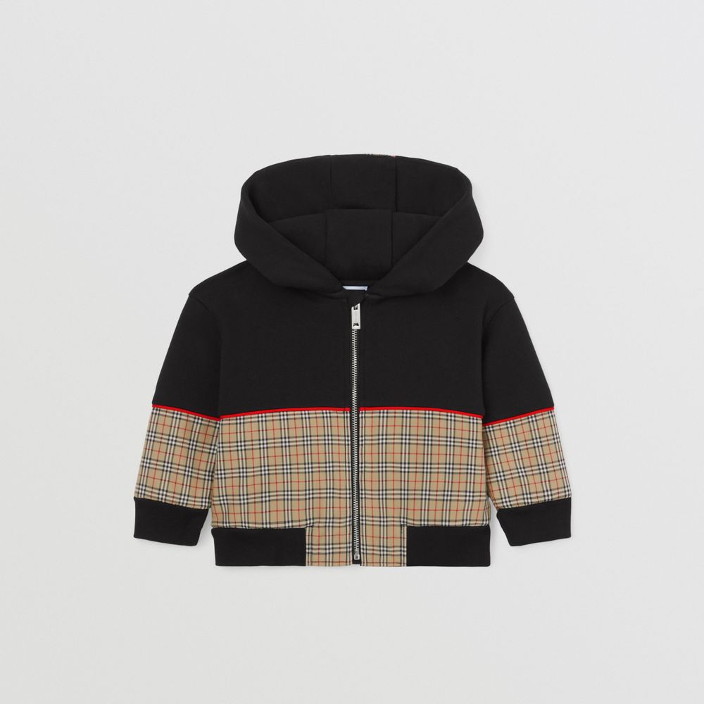 Check Panel Cotton Hooded Top Black - Children | Burberry® Official