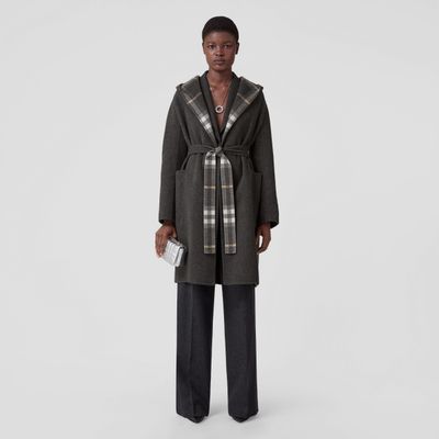 Check Detail Wool Hooded Wrap Coat Charcoal/grey - Women | Burberry® Official