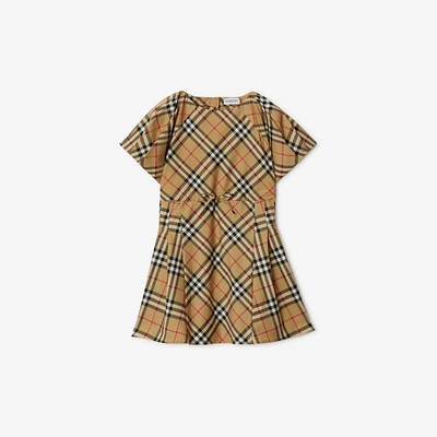 Pleated Check Stretch Cotton Dress in Archive beige | Burberry® Official