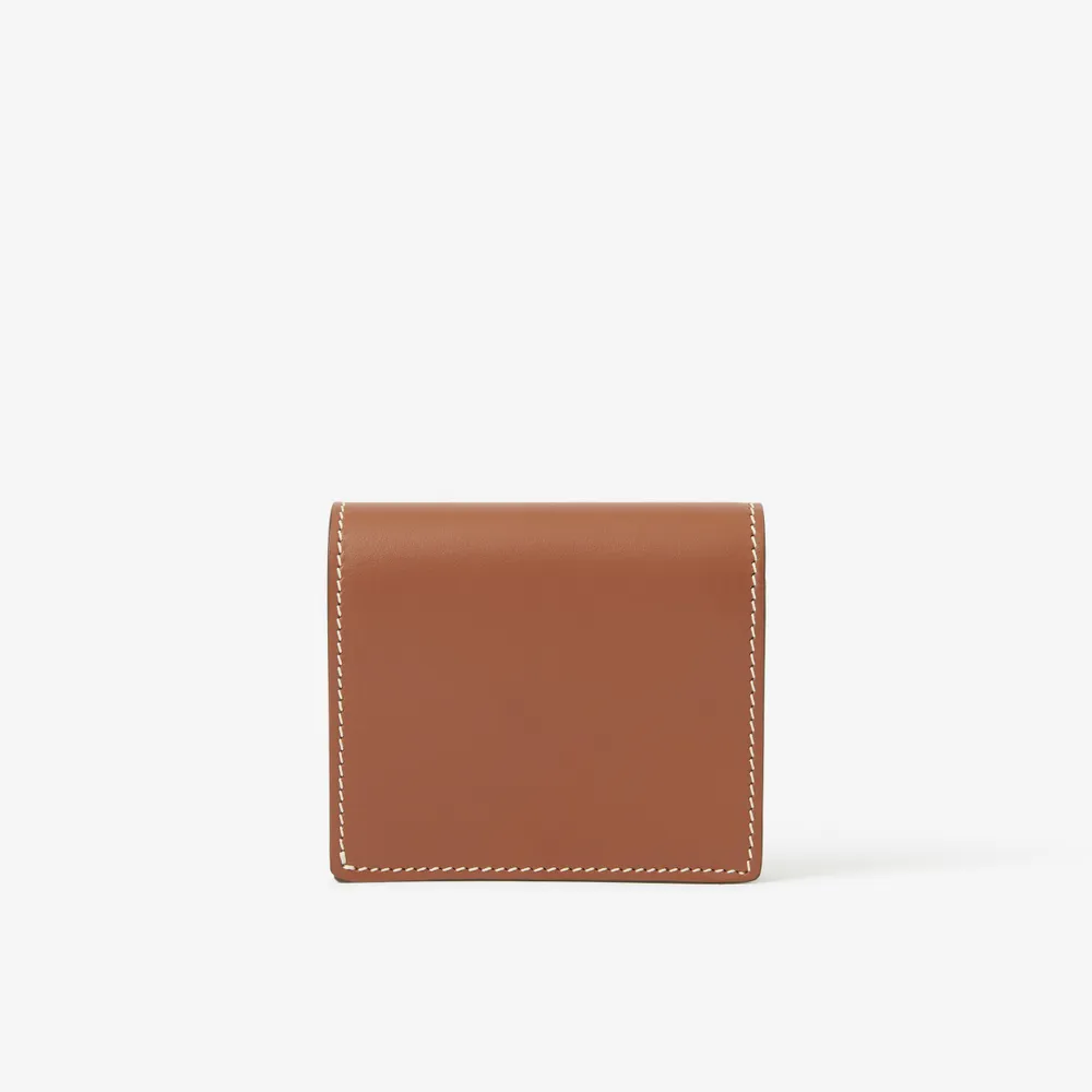 Check and Leather Small Folding Wallet in Dark Birch Brown - Women