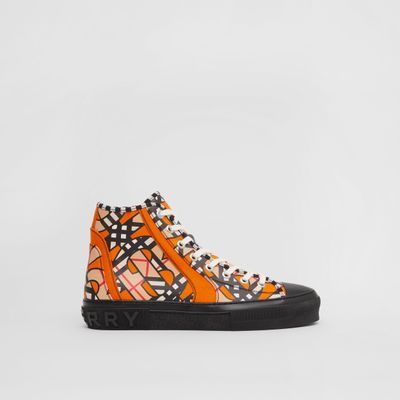 Monogram Linen Cotton Blend High-top Sneakers Bright Orange | Burberry® Official