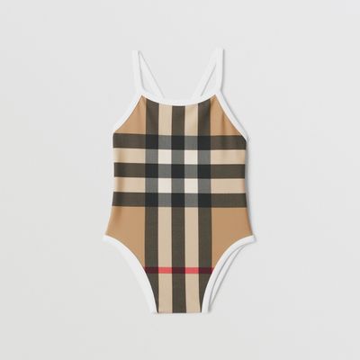 Exaggerated Check Swimsuit Archive Beige - Children | Burberry® Official