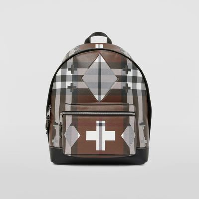 Geometric Check and Leather Backpack in Dark Birch Brown/white - Men | Burberry® Official