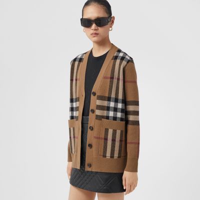 Check Wool Cashmere Jacquard Oversized Cardigan Birch Brown - Women | Burberry® Official