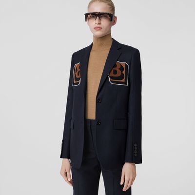 Letter Graphic Wool Tailored Jacket Dark Charcoal Blue - Women | Burberry® Official