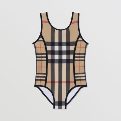 Contrast Check Stretch Nylon Swimsuit Archive Beige | Burberry