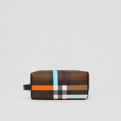 Check and Leather Travel Pouch in Dark Birch Brown - Men | Burberry® Official