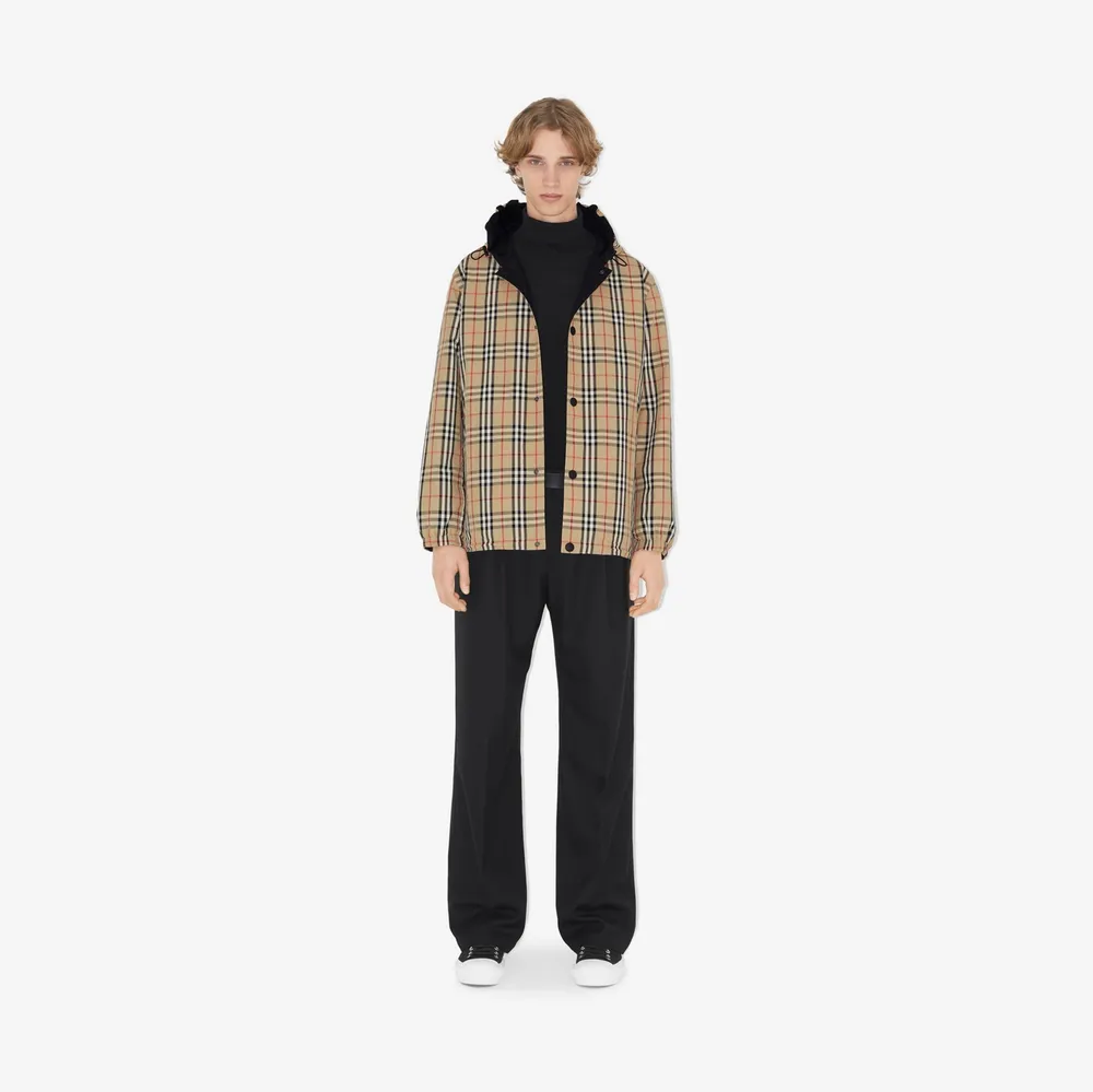 Reversible Check Nylon Hooded Jacket in Archive beige