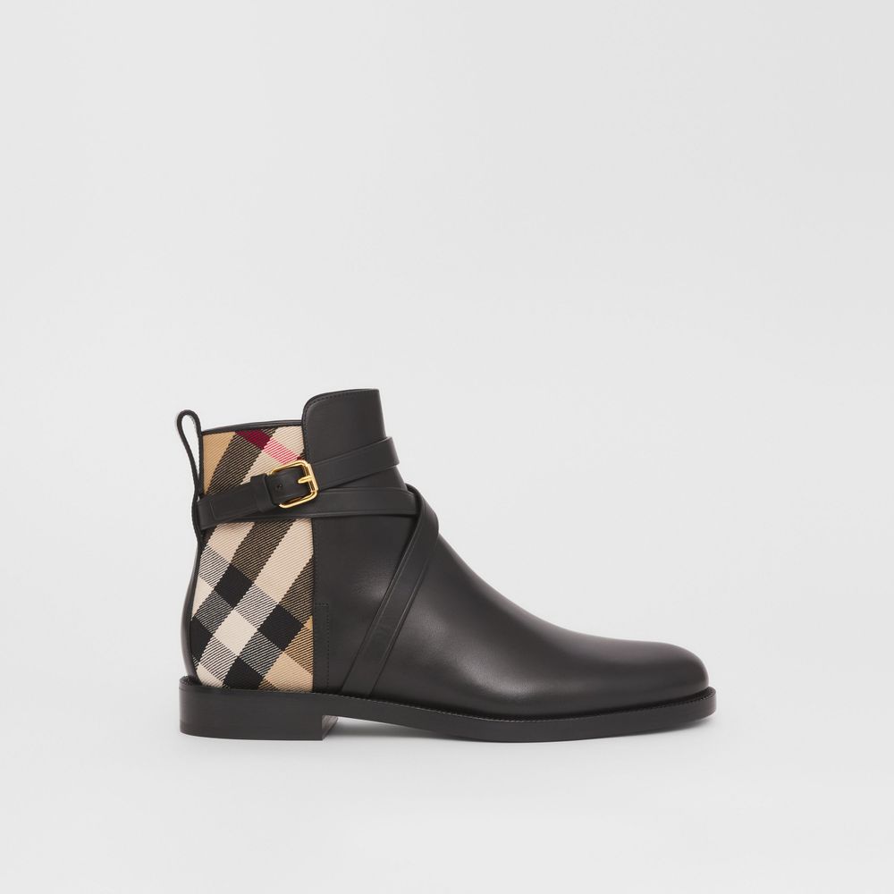 House Check and Leather Ankle Boots Black/archive Beige - Women | Burberry® Official