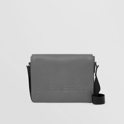 Logo Embossed Leather Messenger Bag in Charcoal Grey - Men | Burberry® Official